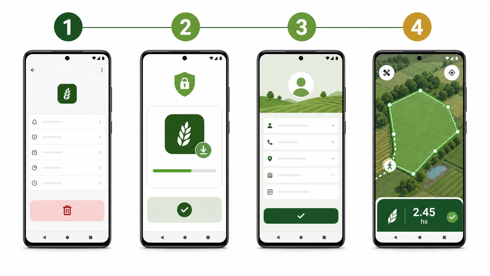 Four-step CONSAI Android app update, farmer registration and farm mapping workflow