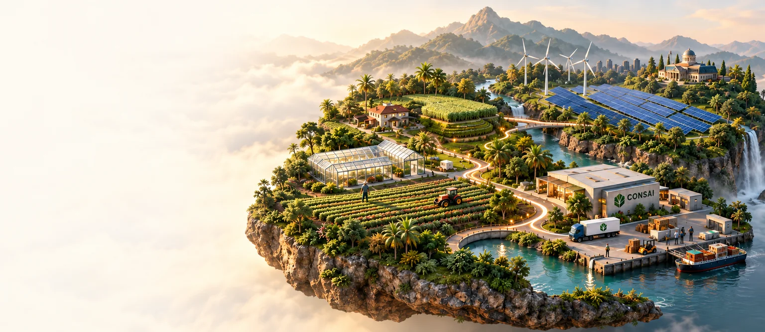 Illustrative connected island with agriculture, greenhouse, solar energy and trade