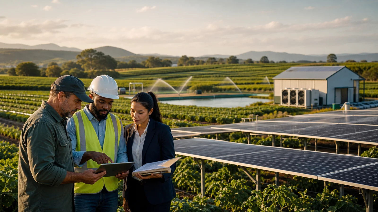 Agriculture and renewable-energy professionals review a finance-ready farm and solar project