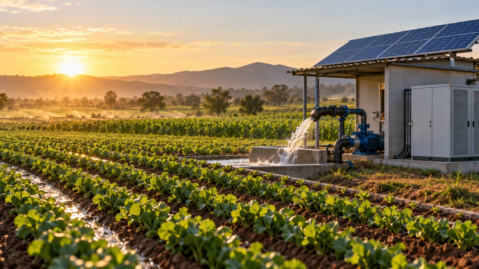 Solar-powered irrigation pump and battery storage supporting productive farm operations