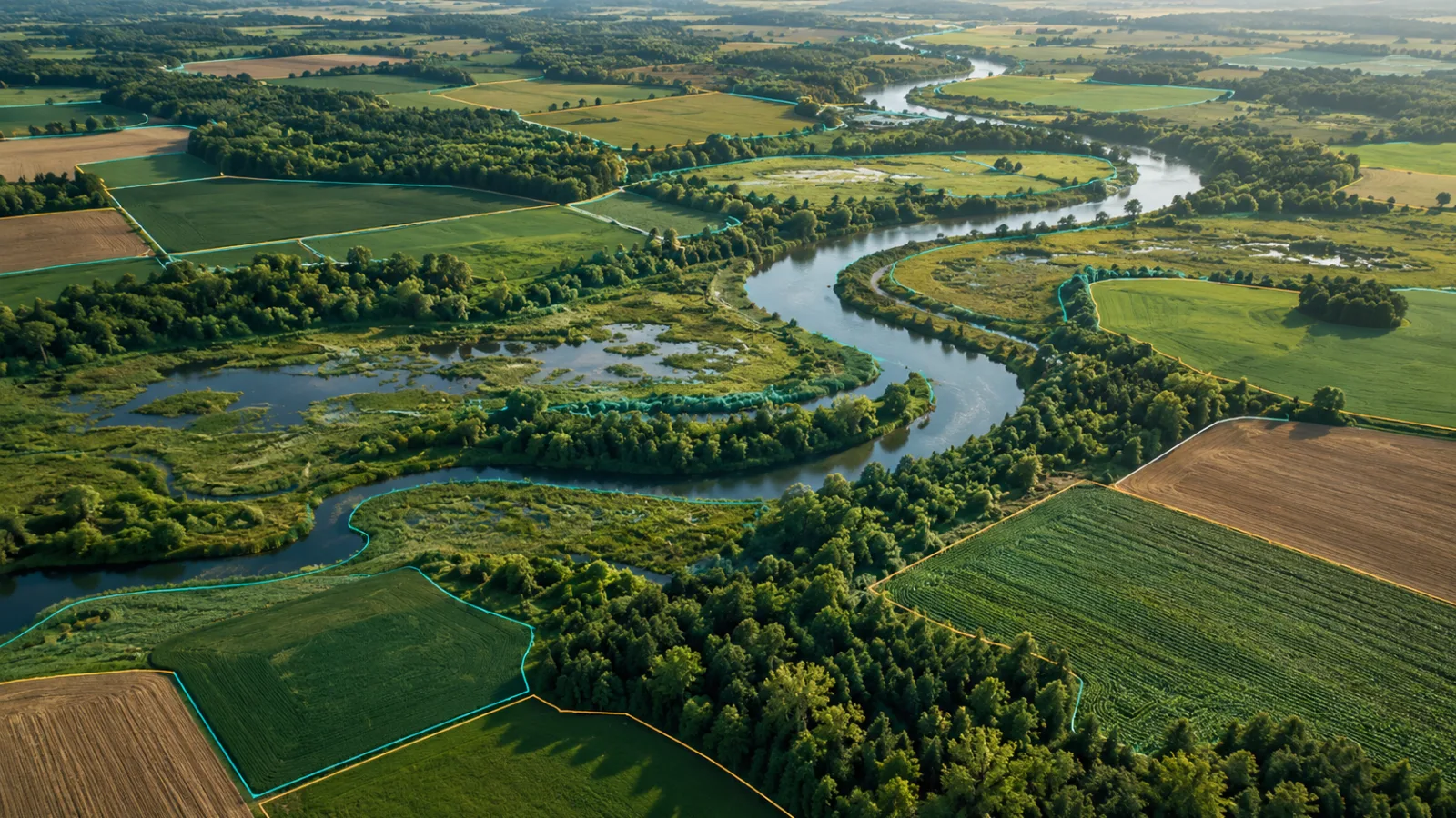 Illustrative aerial landscape of farmland, woodland, a river and wetlands with geospatial boundary overlays.