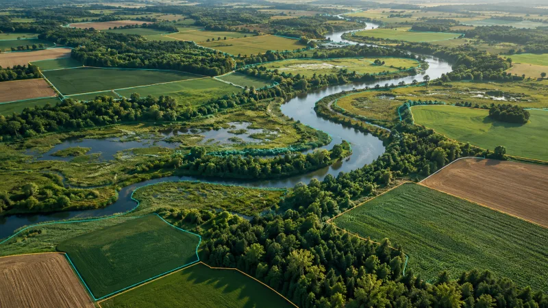 Illustrative aerial landscape of farmland, woodland, a river and wetlands with geospatial boundary overlays.