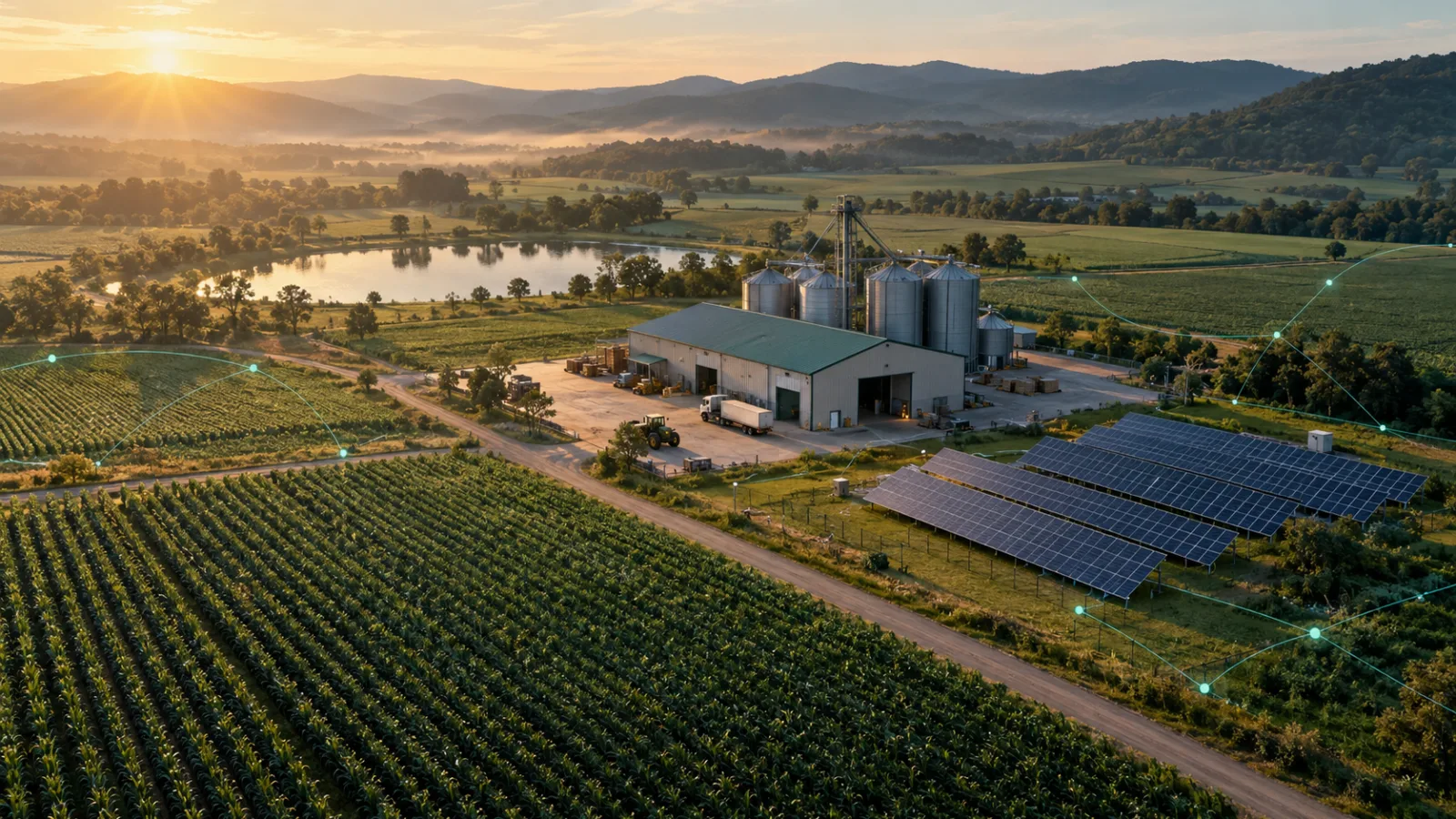 Illustrative aerial view of agricultural fields, a processing facility and an adjacent solar array.