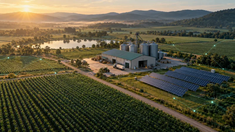 Illustrative aerial view of agricultural fields, a processing facility and an adjacent solar array.