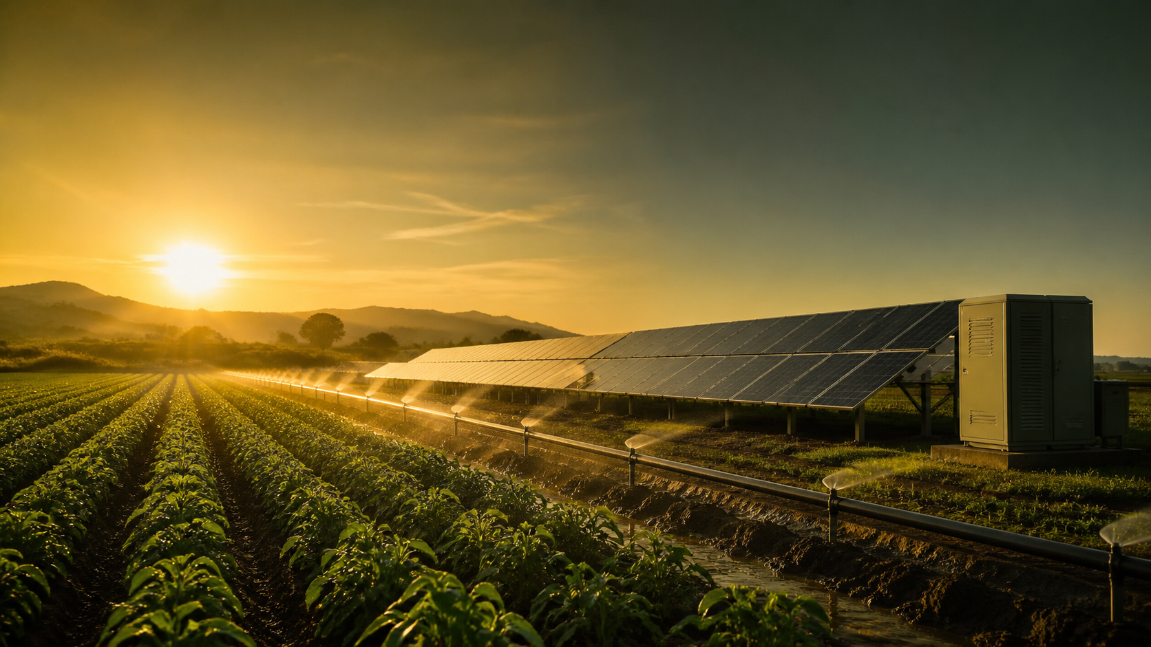 Solar powered irrigation across cultivated farm rows